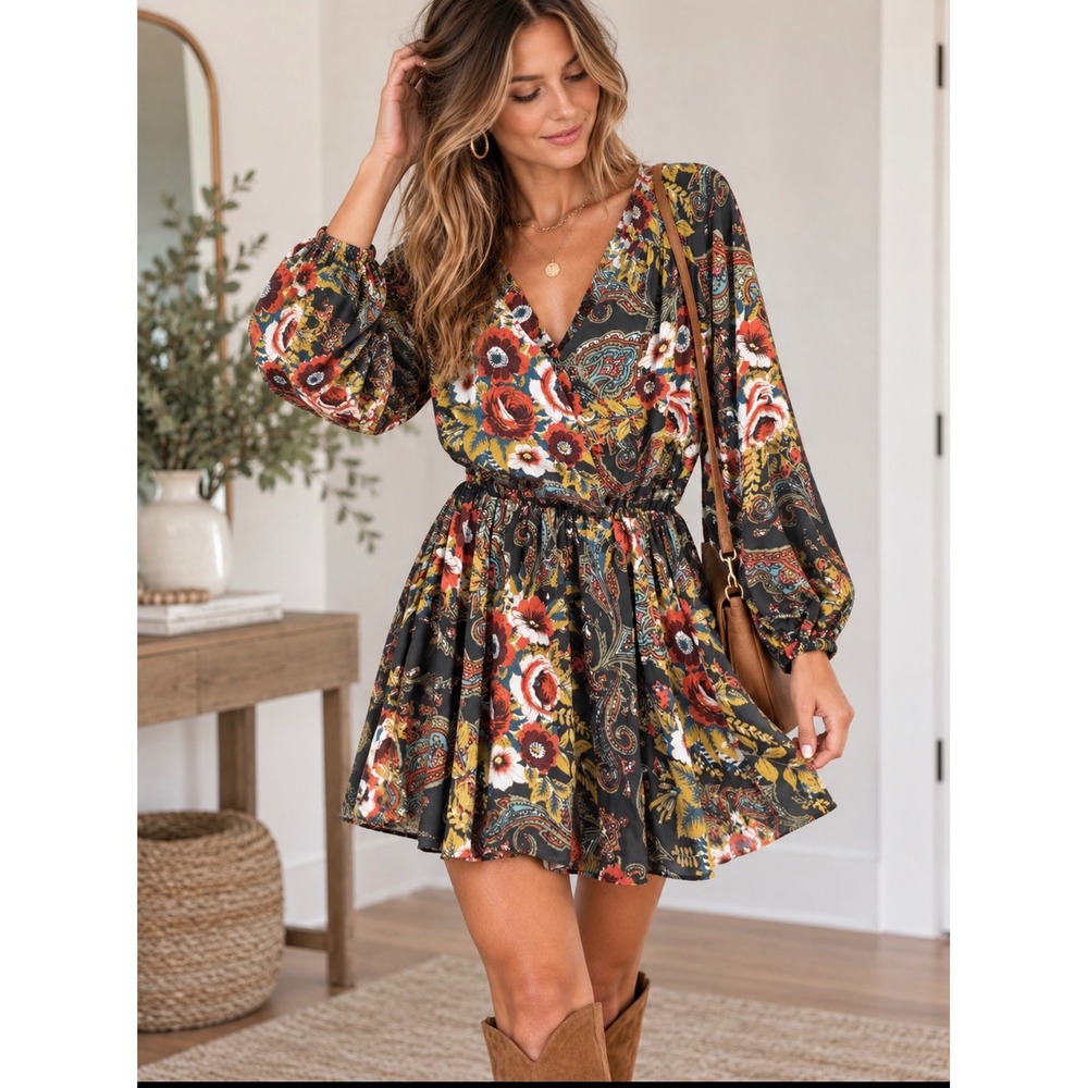 Free People Paisley Floral V-Neck Smocked Mini Dress Long Sleeve Boho Earthy M